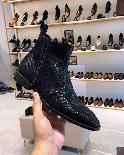 Black Signature Snake Foil Zipper Boots