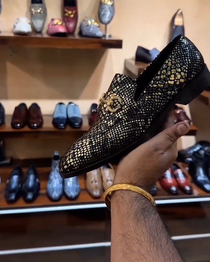 Exotic Gold-black Snake Foil Loafers with Gold Buckle