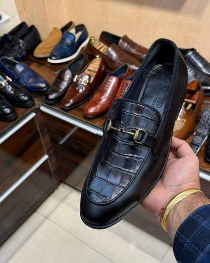 Jet Black Italian Crocodile Scaled Horsebit Loafers