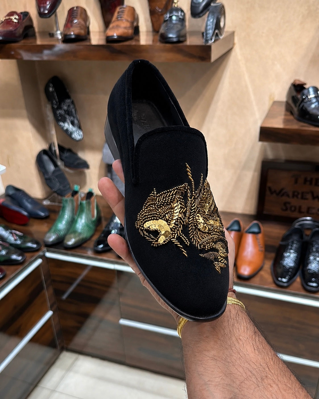 Black Suede Gold Tiger Hand-embroidered Loafers