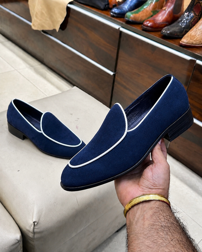 Navy Blue Suede Belgian Loafers With White Piping