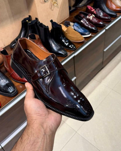 Burgundy Smooth Calf Leather Single Monk Strap Shoes