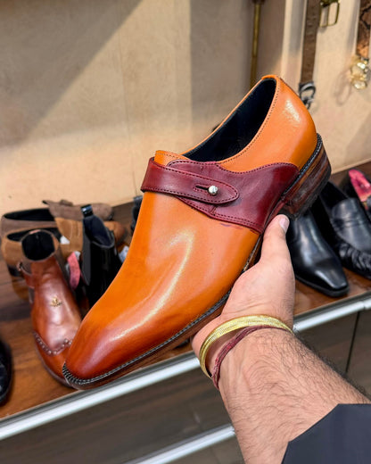 Custom Tan & Burgundy Single Monk Strap Shoes