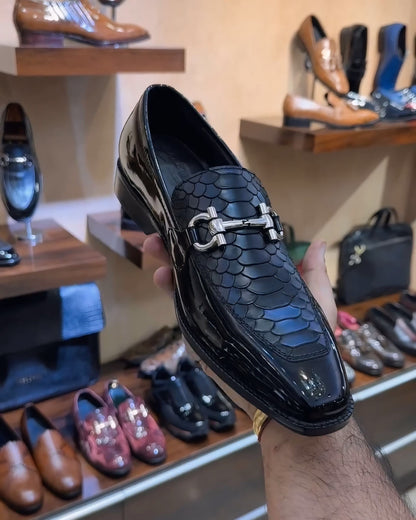 Black Patent Cobra Scaled Moccasins with Silver Metal Buckle