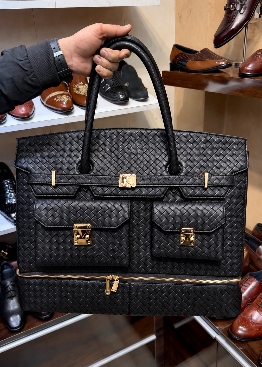 Black Hand-Woven Leather Travel Bag with Bottom Shoe Compartment