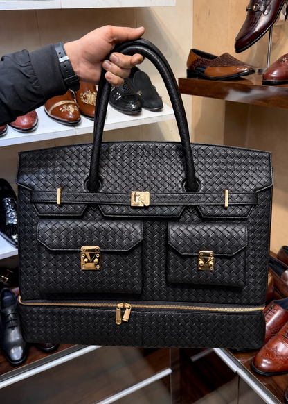 Black Hand-Woven Leather Travel Bag with Bottom Shoe Compartment