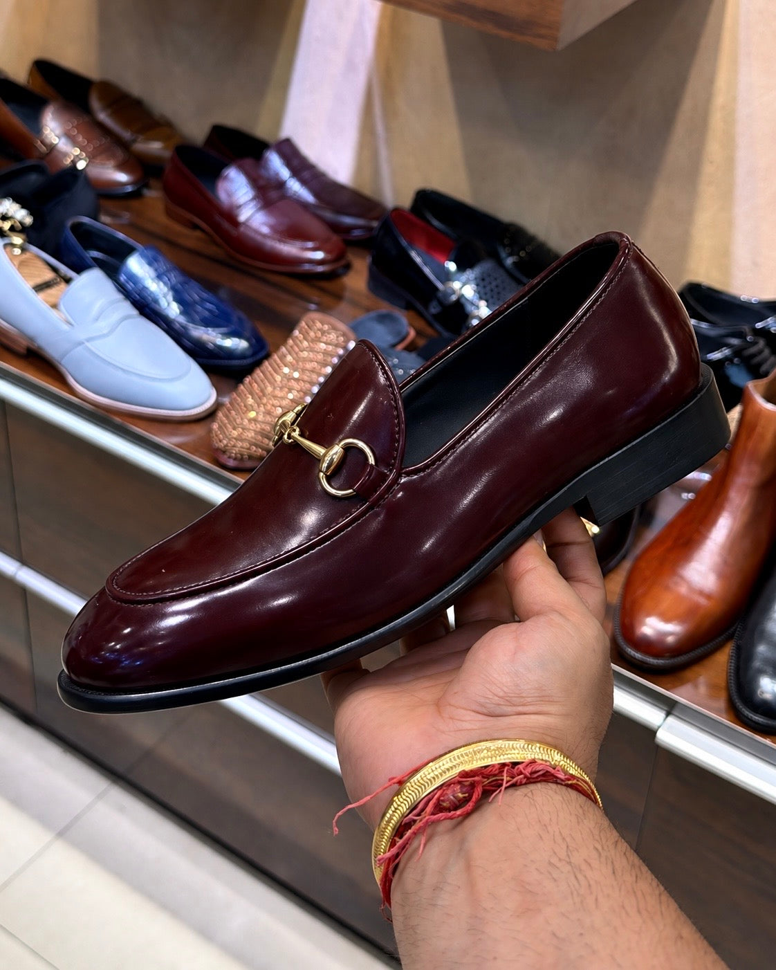 Deep Burgundy Gold Horsebit Belgian Loafers