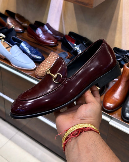 Deep Burgundy Gold Horsebit Belgian Loafers