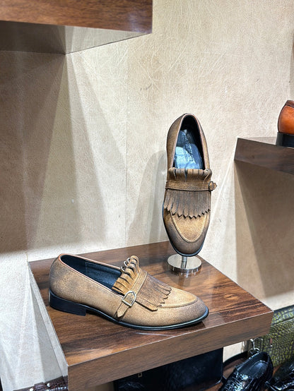 Burnished Beige Suede Fringes Moccasins