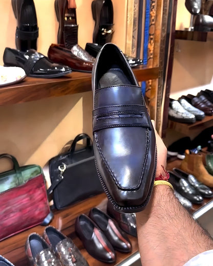 Navy Patina Italian Crust Leather Penny Loafers