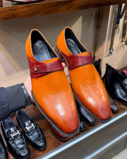 Custom Tan & Burgundy Single Monk Strap Shoes