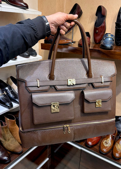 Brown Full Grain Pebble Leather Travel Bag with Bottom Shoe Compartment