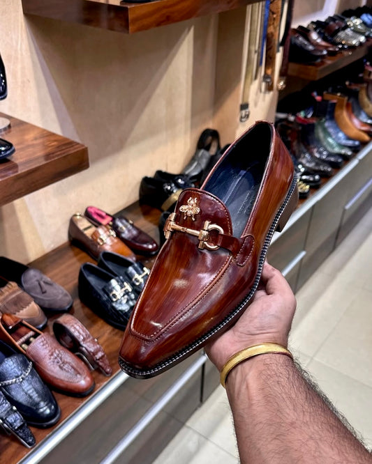 Rich Brown Patina Horsebit Loafers with Bee
