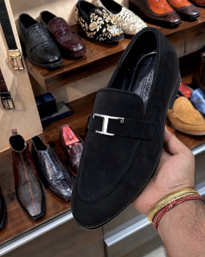 Black Suede Loafers With Silver T Buckle