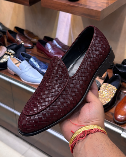 Burgundy Hand-woven Leather Belgian Loafers