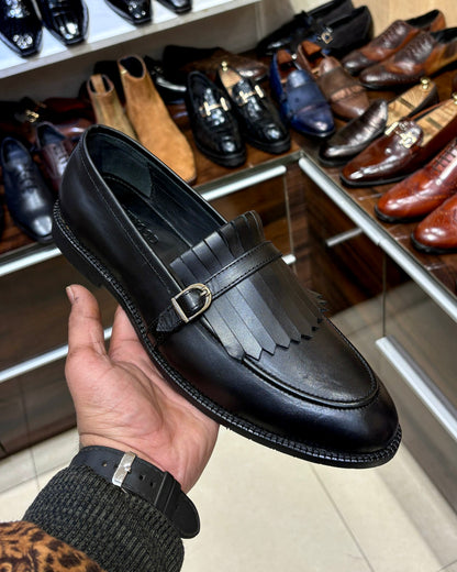 Black Fringe Loafers with Rubber Sole