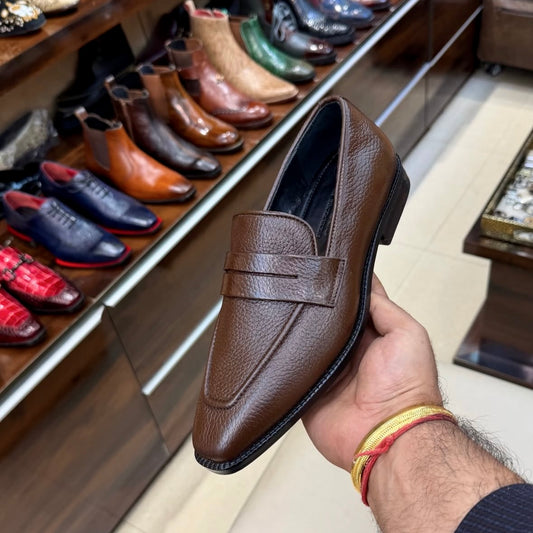 Brown Full Grain Leather Penny Loafers with Square Toe
