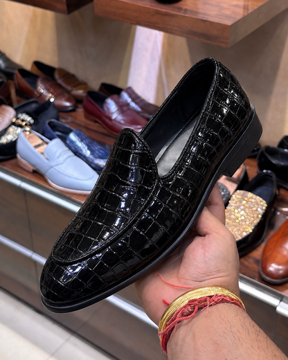 Black Patent Croco Belgian Loafers
