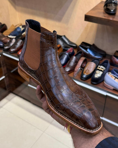 Brown Crocodile Scaled Chelsea Boots with Natural Leather Sole