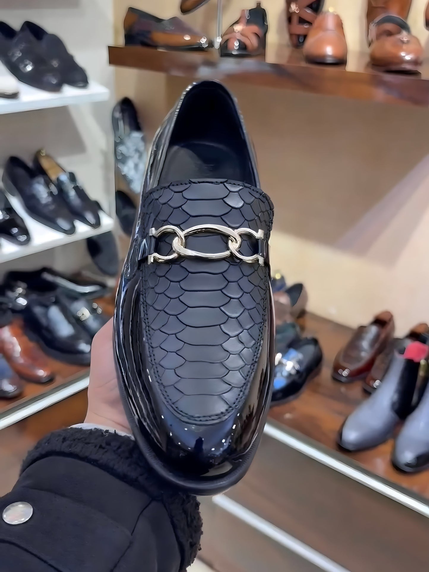 Luxe Edition Cobra Scaled Loafers with Chain Buckle