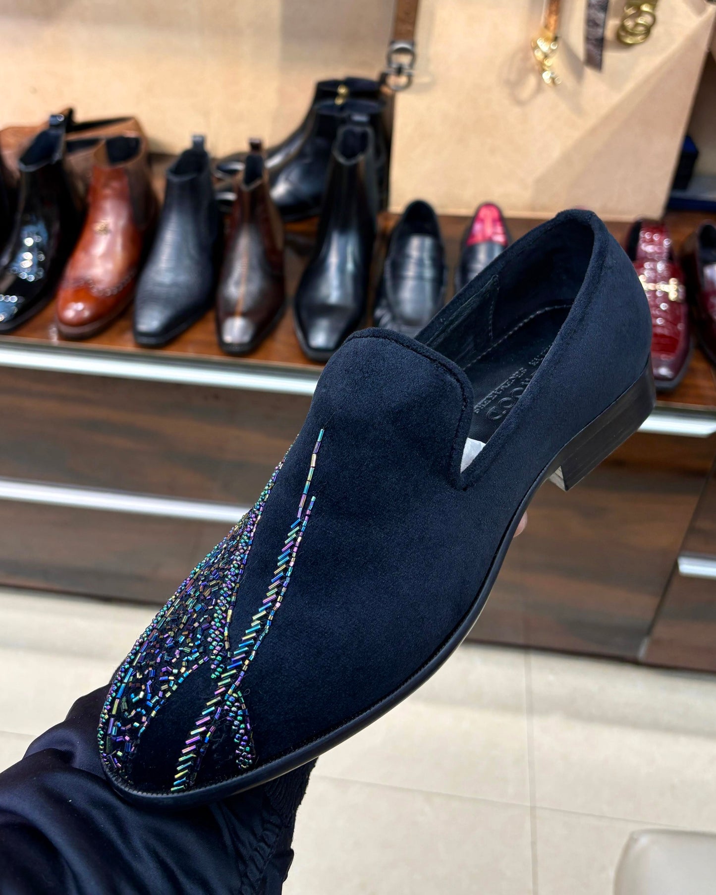 Navy Blue Suede Rainbow Embroidery Loafers
