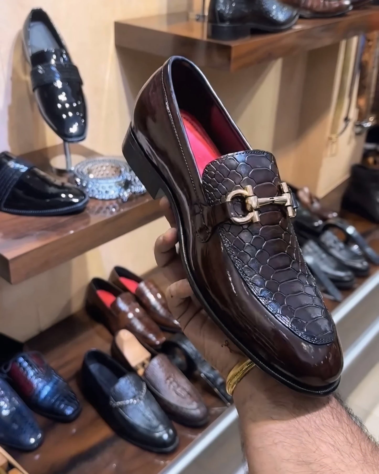 Dark Brown Cobra Scaled Spectator Moccasins