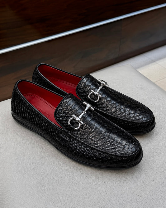 Black Cobra Scaled Horsebit Driving Loafers