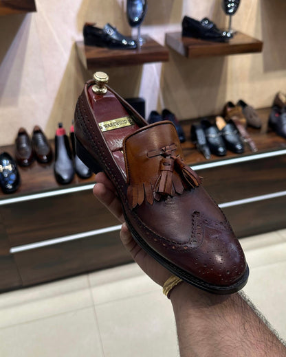 Dual-tone Tan Patina Longwing Brogue Tassel Loafers
