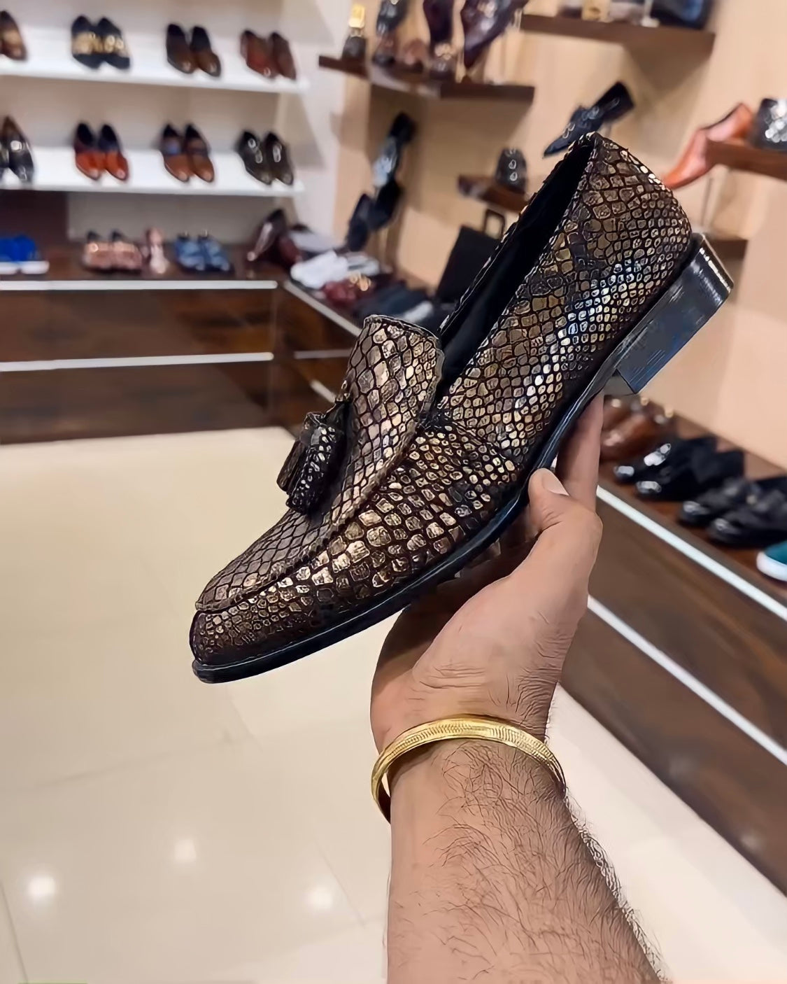 Exotic Gold Snake Foil Tassel Moccasins