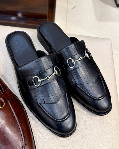 Black Italian Leather Fringes Mules with Silver Horsebit