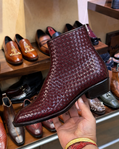 Burgundy Hand-woven Leather Zip Boots With Cuban Heel