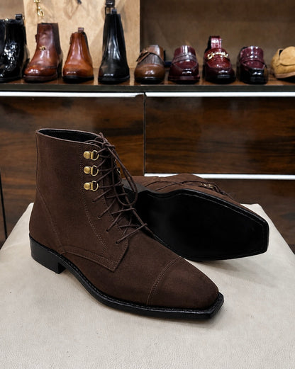 Goodyear Welted Dark Brown Suede Derby Cap Toe Boots