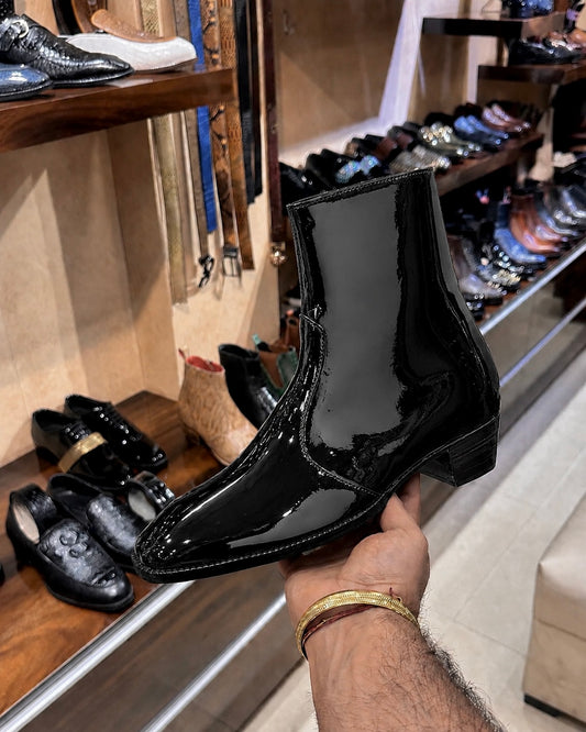 High-top Black Patent Leather Boots With Cuban Heel