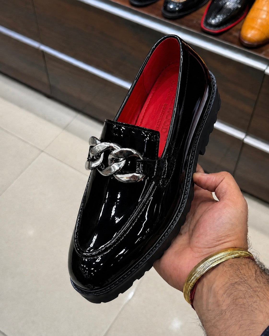 Black Patent Leather Silver Chain Buckle Loafers With Lug Sole And Red Interior