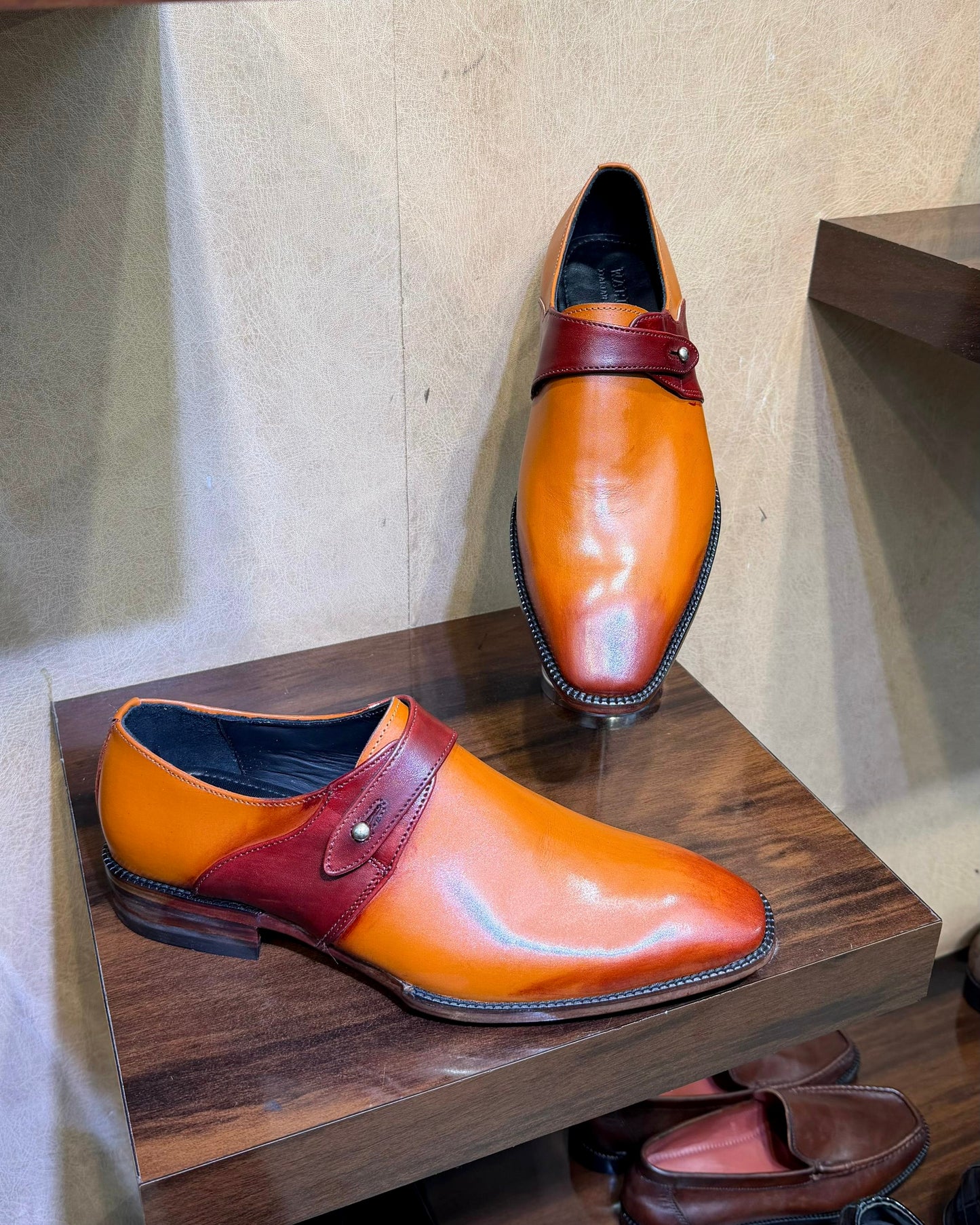 Custom Tan & Burgundy Single Monk Strap Shoes