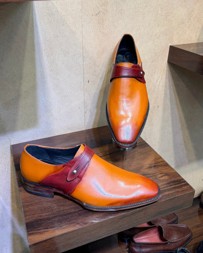 Custom Tan & Burgundy Single Monk Strap Shoes
