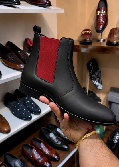 Black Chelsea Boots With Red Elastic