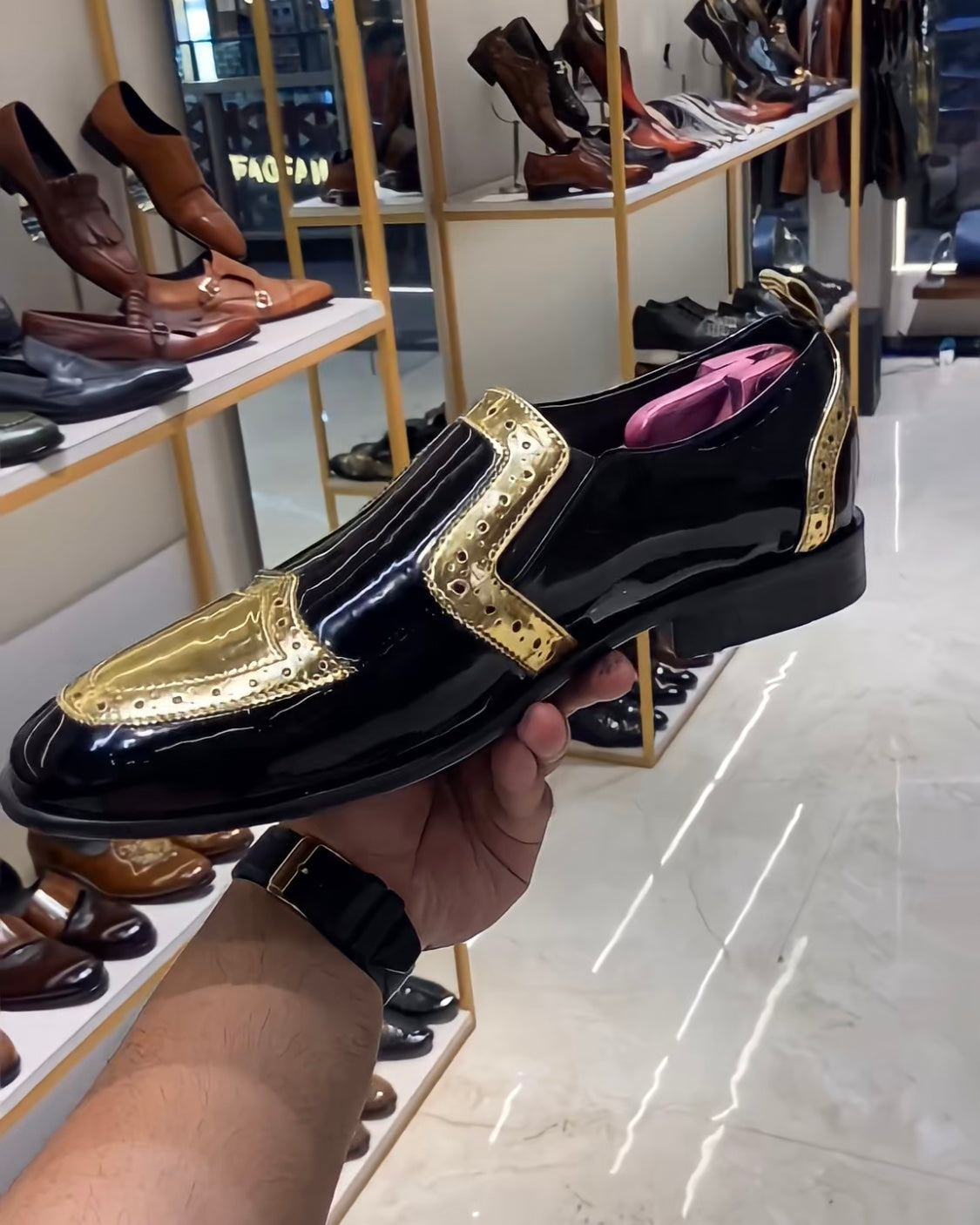 Gold Wingtip Patent Leather Slip-on Oxfords