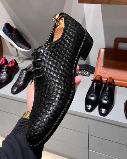 Black Hand-Woven Leather Wholecut Oxfords