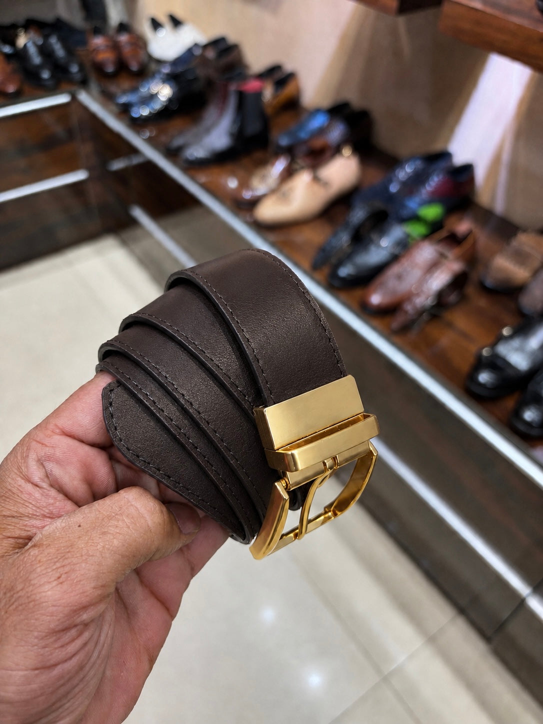 Genuine Dark Brown Calfskin Leather Belt