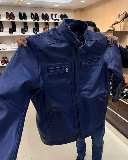 Custom Navy Blue Goat Skin Leather Jacket