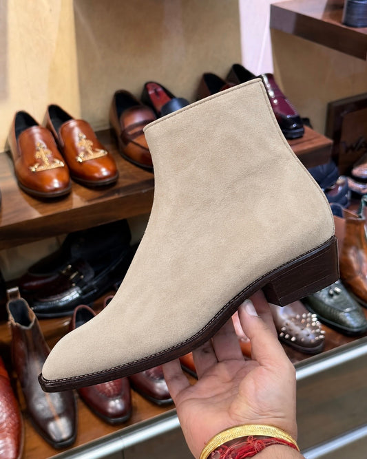 High-top Beige Suede Boots With Cuban Heel