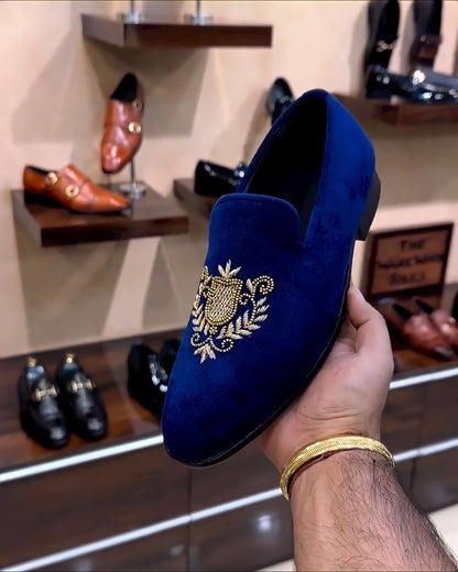 Blue Suede Embroidered Slip-ons