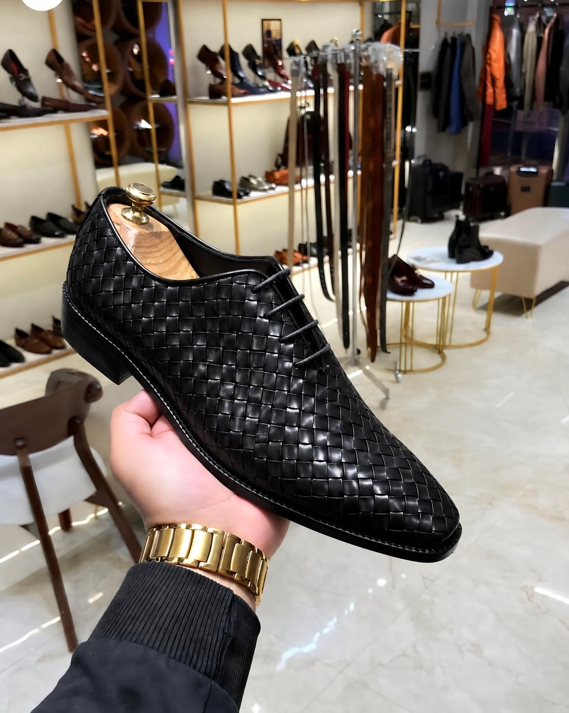 Black Hand-Woven Leather Wholecut Oxfords
