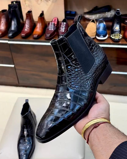 Jet Black Italian Crocodile Scaled Leather Boots with Side Zip