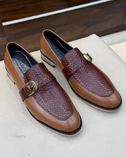 Brown Two-tone Cobra Scaled Single Monk Strap Loafers