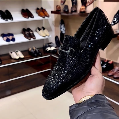 Mirror Gloss Exotic Black Snake Foil Moccasins