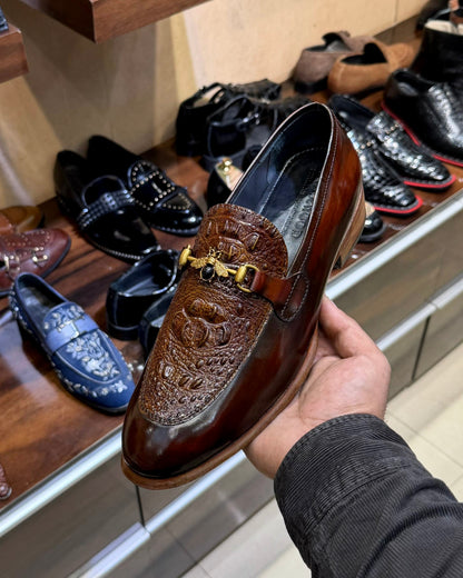 Exotic Burnished Brown Alligator Scaled Horsebit Loafers