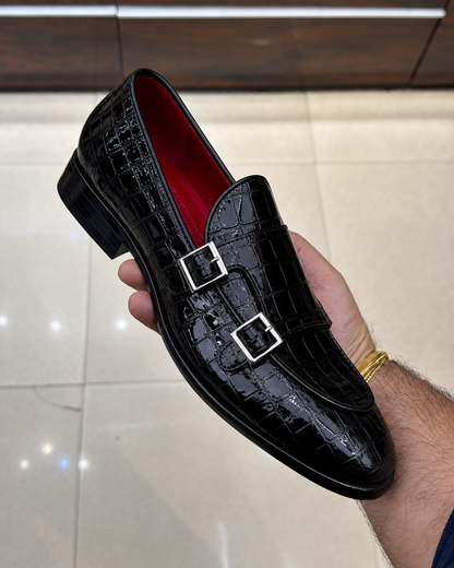 Black Patent Crocodile Double Monk Strap Loafers