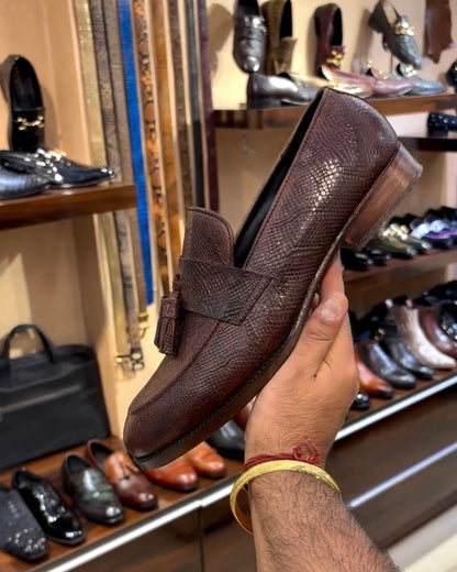 Brown Exotic Snake Scaled Tassel Moccasins